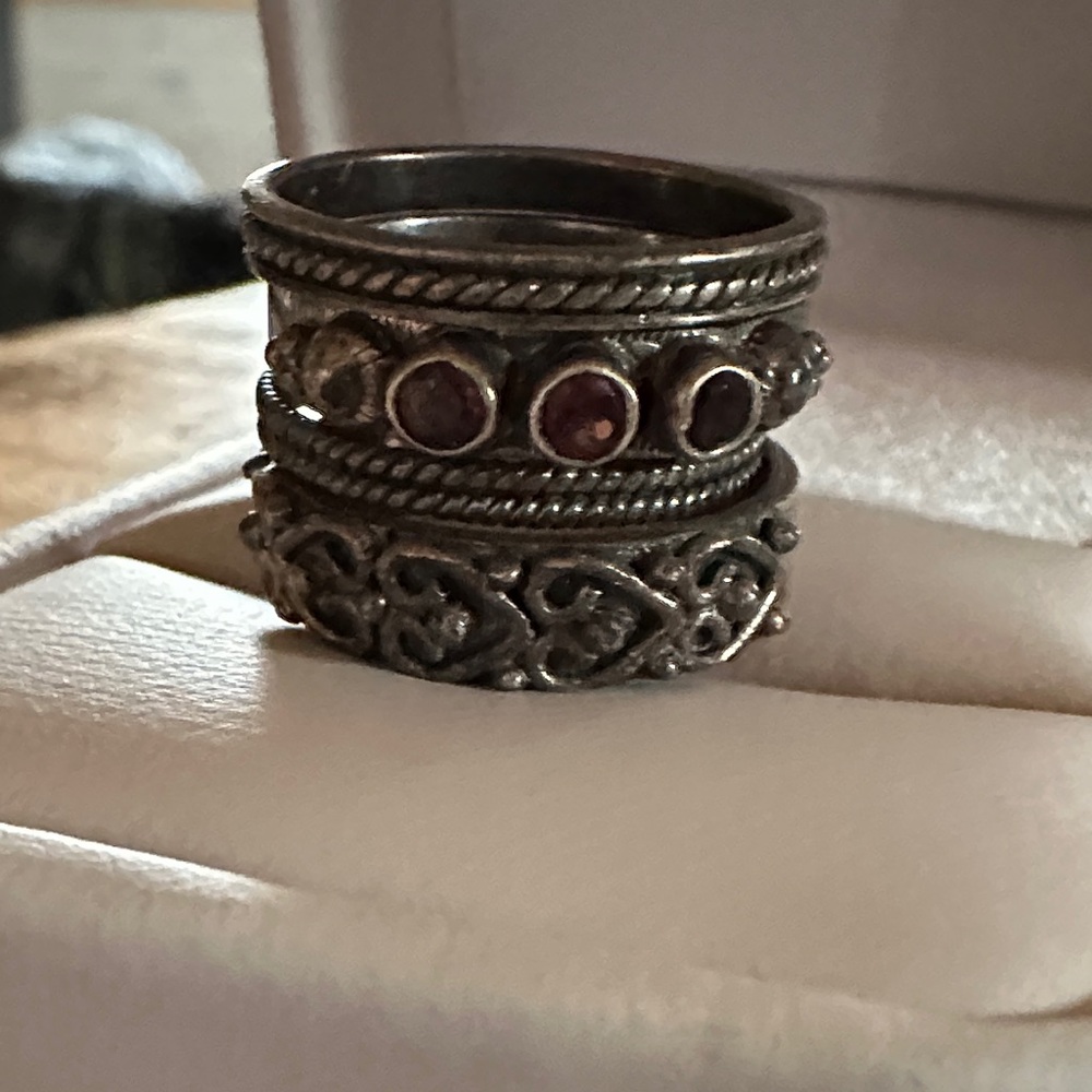 Sundance Stackable Silver Tone Women's Ring with Red Gem Accents